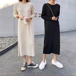 Long-sleeve Plain Ribbed Knit Dress