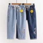 Cat Embroidered Capri Straight Leg Jeans