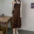 Plain Long-sleeve T-shirt / Flower Print Midi Jumper Dress