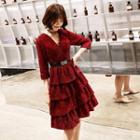 Elbow-sleeve Glitter A-line Tiered Dress
