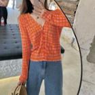 Check V-neck Open Knit Top Tangerine - Cardigan - One Size