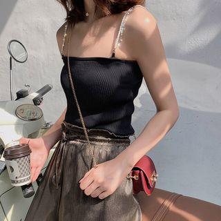 Faux Pearl Rhinestone Strap Knit Top