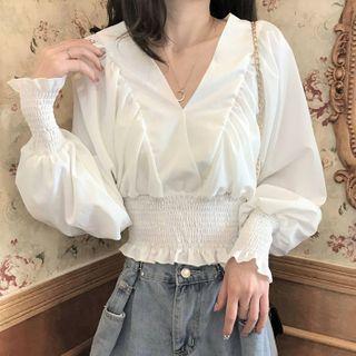 Long-sleeve Shirred Frill Trim V-neck Blouse