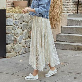 Scallop-hem Flared Long Lace Skirt