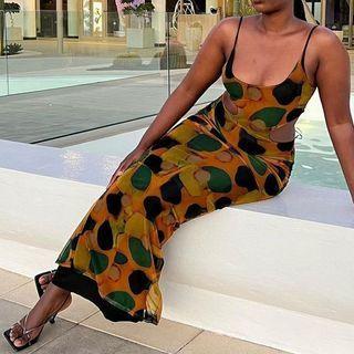 Spaghetti Strap Dotted Maxi Sheath Dress