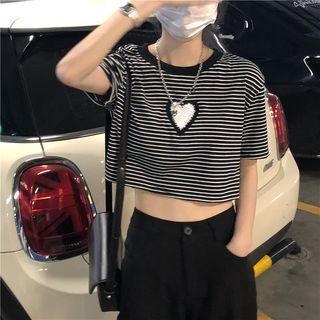 Short-sleeve Striped Heart Embroidered T-shirt Stripe - Black - One Size