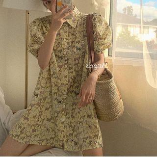 Dog Print Puff-sleeve Mini A-line Dress