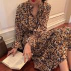 Floral V-neck Long-sleeve Dress Khaki - One Size