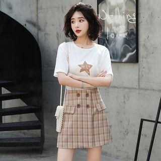 Set: Short-sleeve Star Print T-shirt + Plaid A-line Mini Skirt