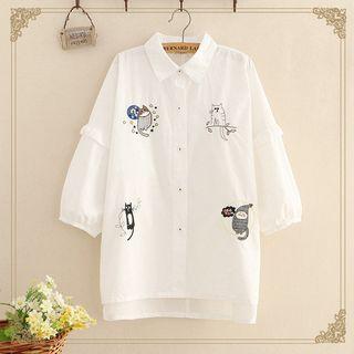 Cat Embroidered 3/4 Sleeve Shirt