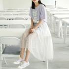 Set: Elbow-sleeve Printed Long T-shirt + Lace Midi Skirt