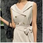 Sleeveless Double Breasted Pleated Dress