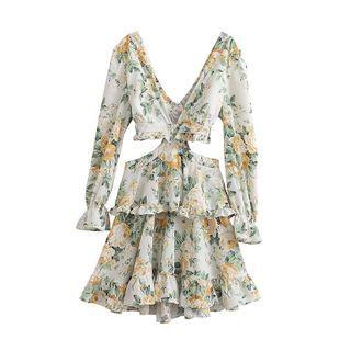 Bell-sleeve Flower Print Cut-out Mini A-line Dress