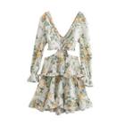 Bell-sleeve Flower Print Cut-out Mini A-line Dress