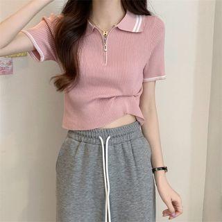 Short-sleeve Striped Zip Crop Polo Shirt