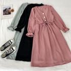 Plain V-neck Single-breasted Lace-up Flare-sleeve Dress