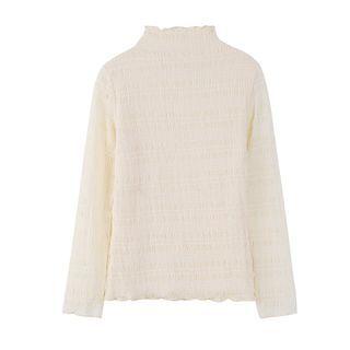 Mock-turtleneck Plain Ruffled-trim Ruched Top