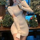 Set: Short-sleeve Mock-neck Knit Mini Bodycon Dress + Arm Sleeves