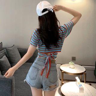 Striped Short-sleeve Tie-back Top