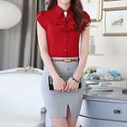 Set: Short-sleeve Frilled Neck Shirt + Skirt