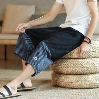 Striped Panel Linen Cropped Wide-leg Pants