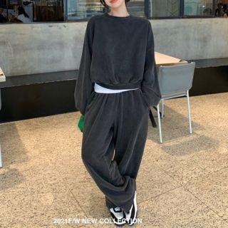 Plain Sweatshirt / High-waist Wide-leg Jogger Pants