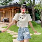 Mandarin Collar Cropped Blouse Almond - One Size