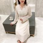 Long-sleeve Lace Panel Midi Chiffon Dress