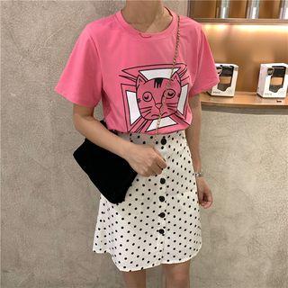 Short Sleeve Cat Print T-shirt / Dotted Print Buttoned A-line Skirt