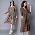 Long-sleeve Square-neck Printed Dress