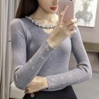 Faux-pearl Long Sleeve Ribbed Knit Top