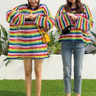 Color-block Striped Cut Out Long-sleeve Knit Top