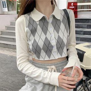 Long-sleeve / Short-sleeve Polo-neck Argyle Button-up Knit Crop Top