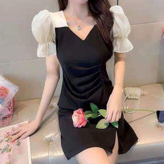 Puff-sleeve Two-tone Mini Sheath Dress / Midi Sheath Dress