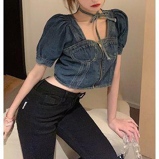 Short-sleeve Square-neck Denim Cropped Blouse