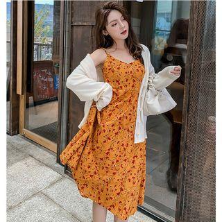 V-neck Cardigan / Floral Spaghetti Strap A-line Dress