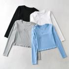 Long Sleeve Ruffled-trim Heart Cut-out Crop Top
