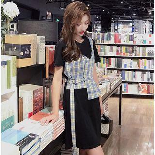 Short-sleeve Mock Two Piece Plaid-panel A-line Dress