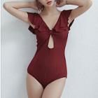 Cap-sleeve Ruffled Scoop-back Swimsuit