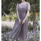 Set: Square-neck Short-sleeve T-shirt Dress + V-neck Midi Spaghetti Strap Dress