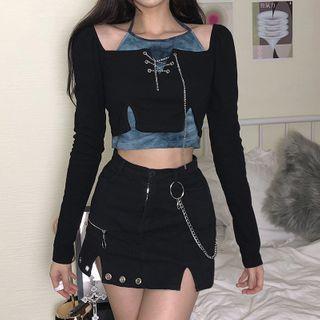 Set: Halter-neck Tie-dyed Camisole Top + Long-sleeve Chained Cropped T-shirt
