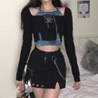 Set: Halter-neck Tie-dyed Camisole Top + Long-sleeve Chained Cropped T-shirt