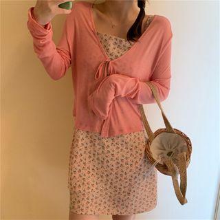 Floral Print Spaghetti-strap Mini Dress / Tie-front Cardigan