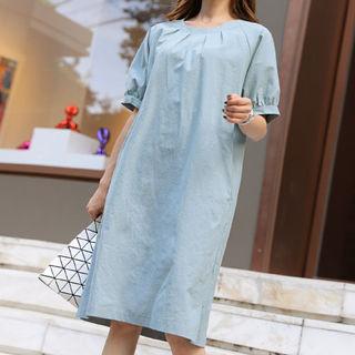 Pintuck-trim Puff-sleeve Cotton Dress