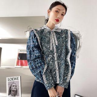 Puff-sleeve Floral Print Panel Blouse