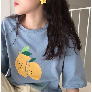 Lemon Print Elbow-sleeve T-shirt