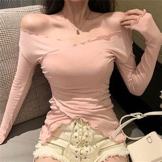 Long-sleeve Off-shoulder Slit T-shirt