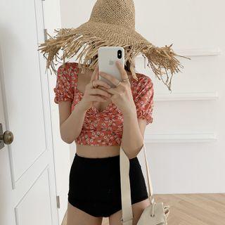Set: Floral Short-sleeve Twist Swim Top + High-waist Bottom