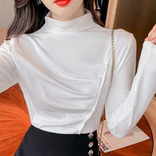 Mock-neck Plain Shirred T-shirt