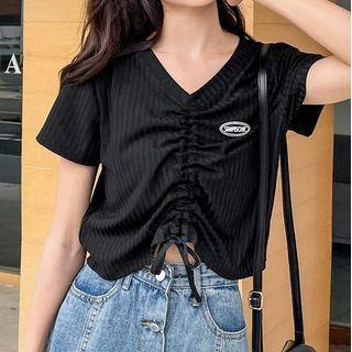 Short-sleeve Drawstring Applique T-shirt